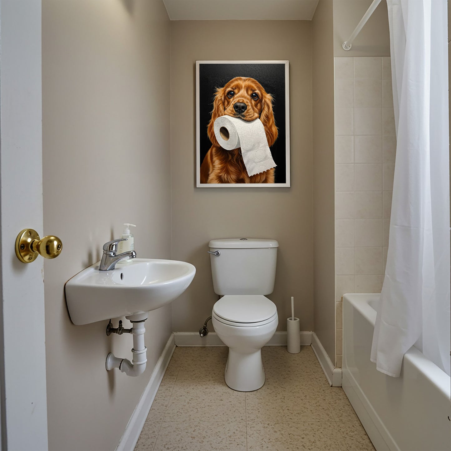 Poster humour WC Cocker anglais encadré au-dessus des toilettes, salle de bain beige et rideau de douche