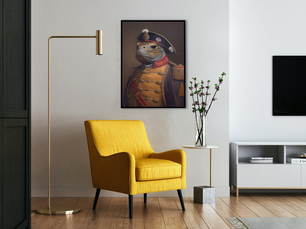 Turtle in military uniform poster in a black frame above a yellow armchair next to a brass floor lamp