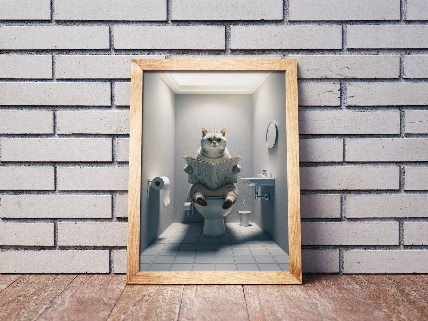 Affiche chat British Shorthair tigré argenté en cadre bois clair devant un mur en briques peintes en blanc