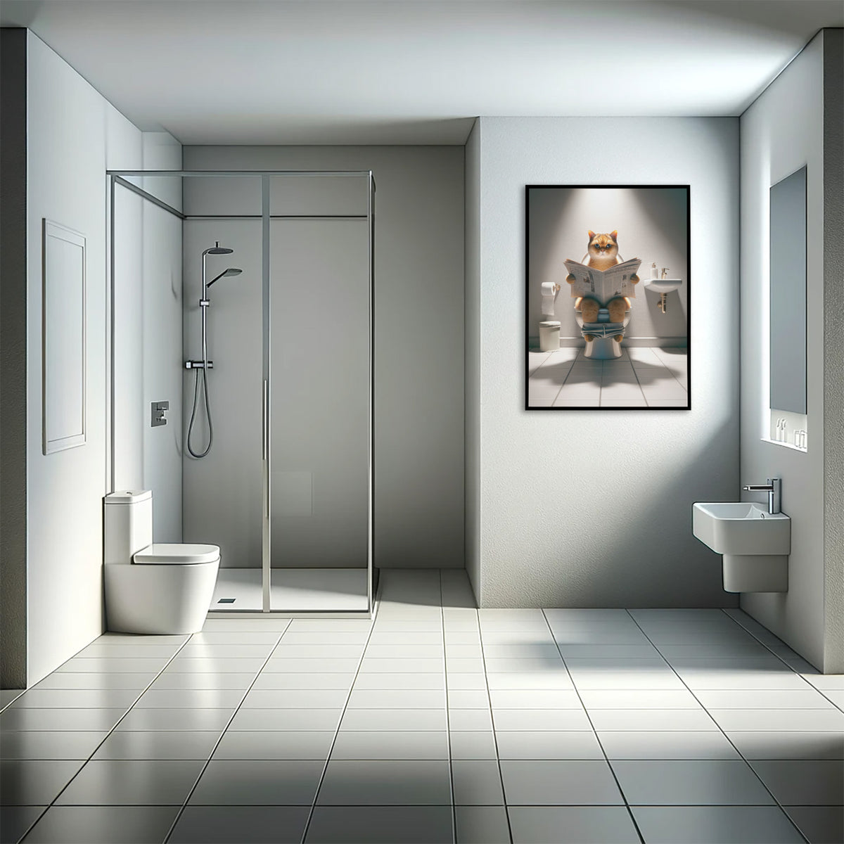 Golden shaded British Shorthair cat reading the newspaper poster in a bathroom with walk-in shower, black frame