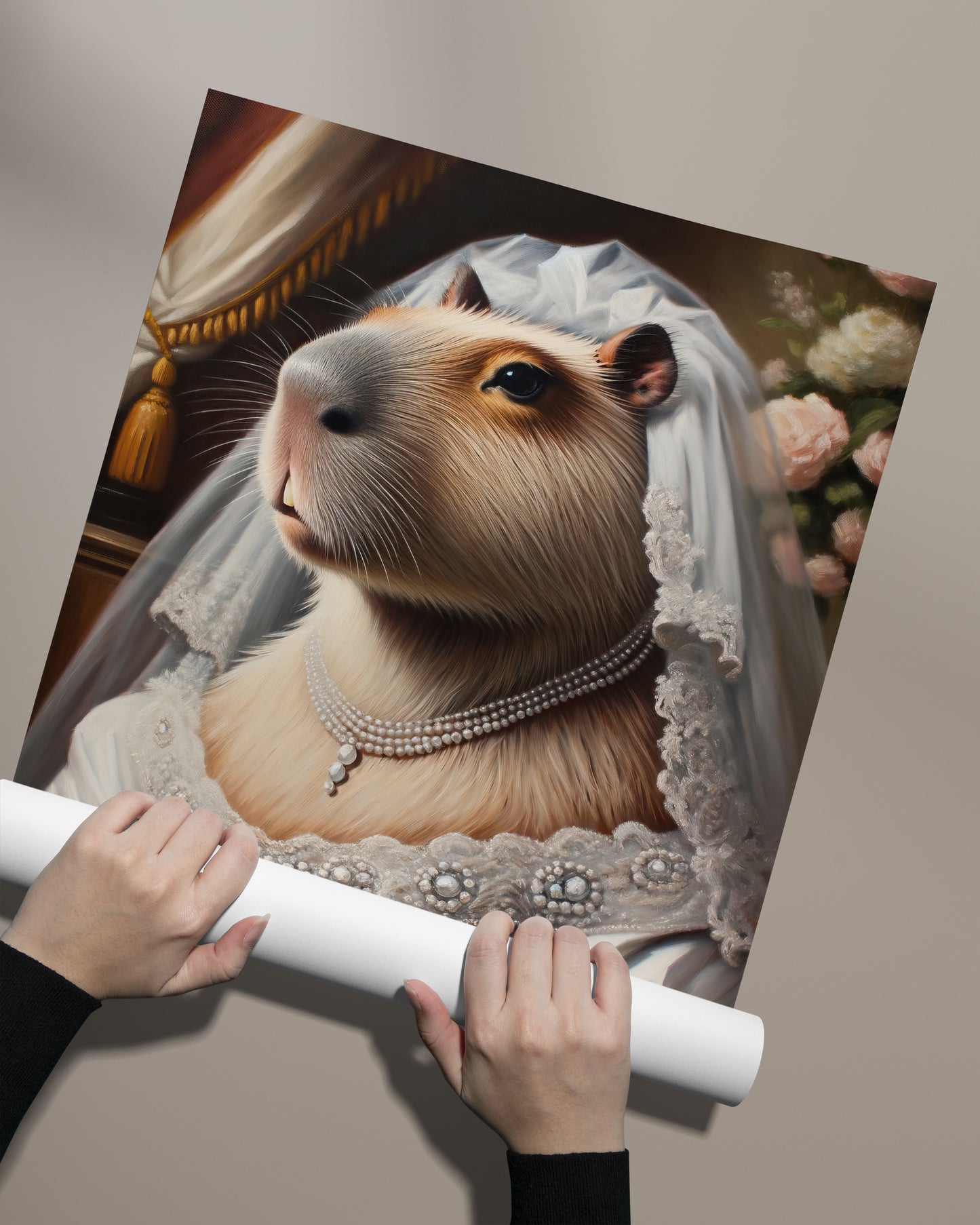 Poster capybara mariée déroulé à la main, collier de perles et voile de dentelle