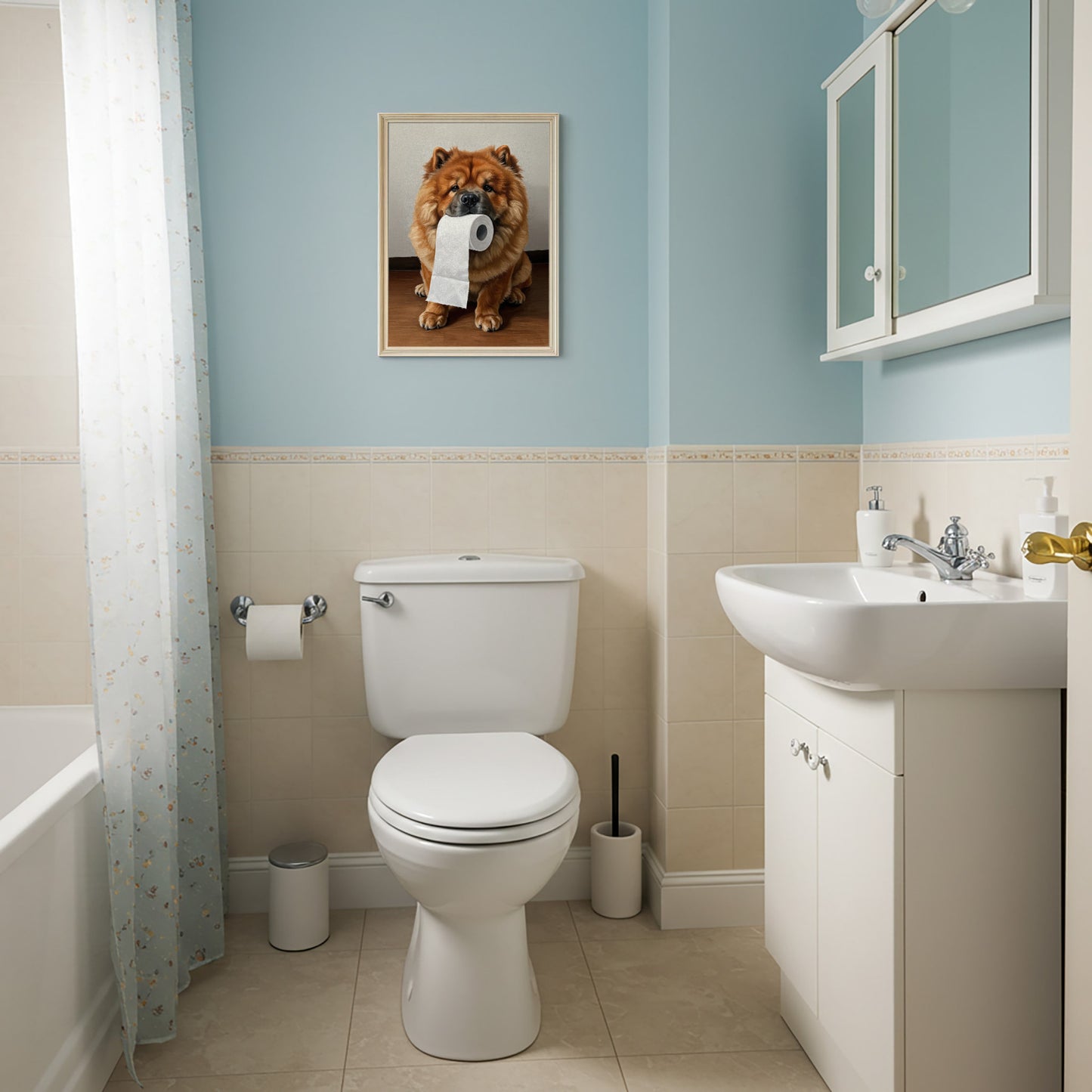 Poster Chow-Chow et son rouleau de papier toilette sur un mur bleu ciel au-dessus des WC