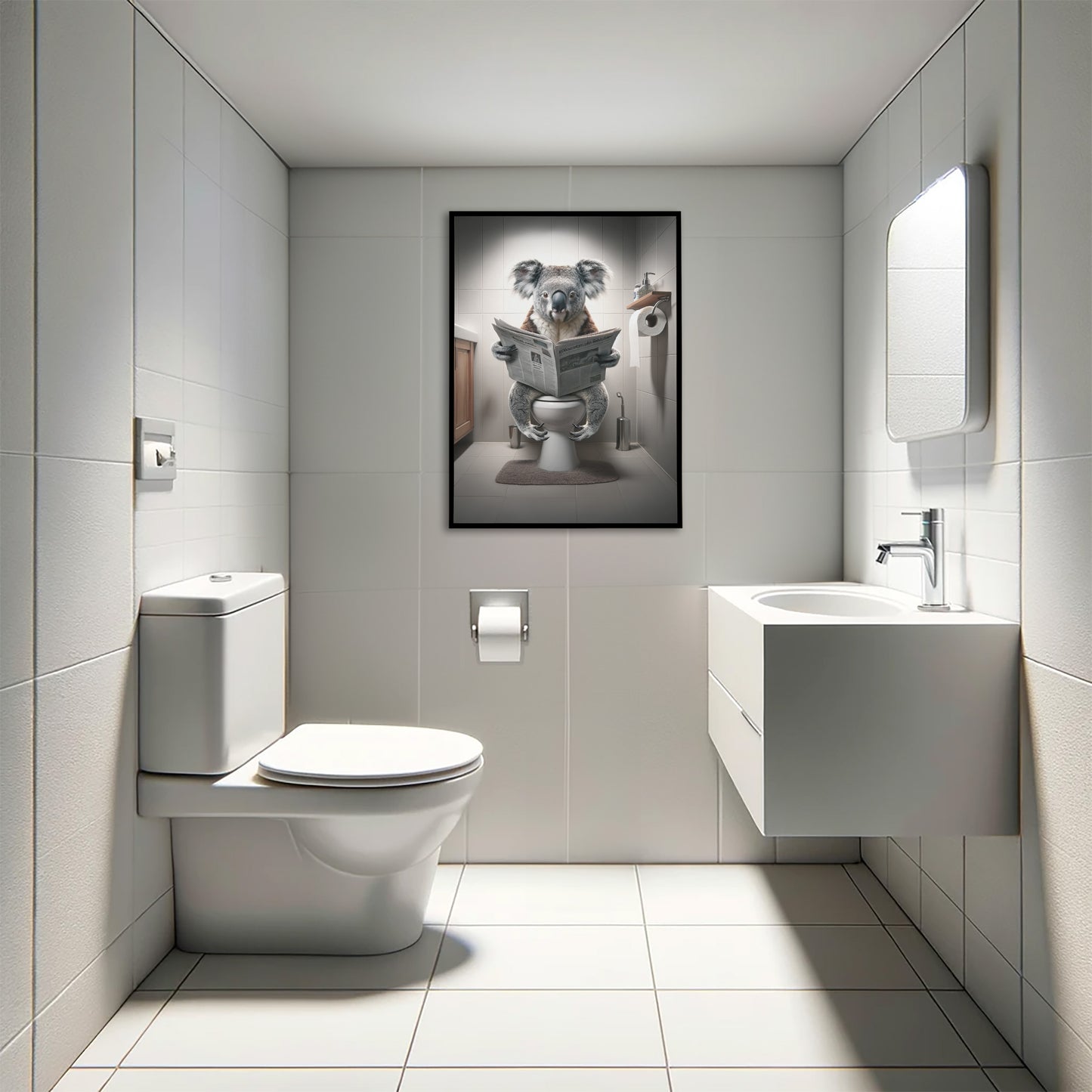 Poster of a koala reading the newspaper on the toilet, black frame above a white wall-hung toilet