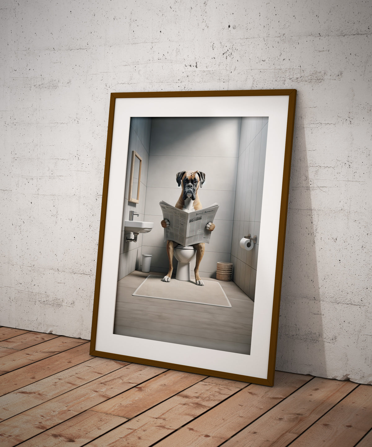 Poster boxer lisant le journal aux toilettes en cadre bois foncé et passe-partout, au sol contre un mur blanchi