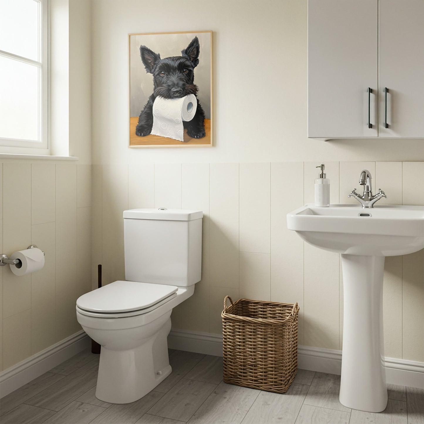 Poster scottish terrier au papier toilette en cadre bois clair, toilettes crème et panier en osier