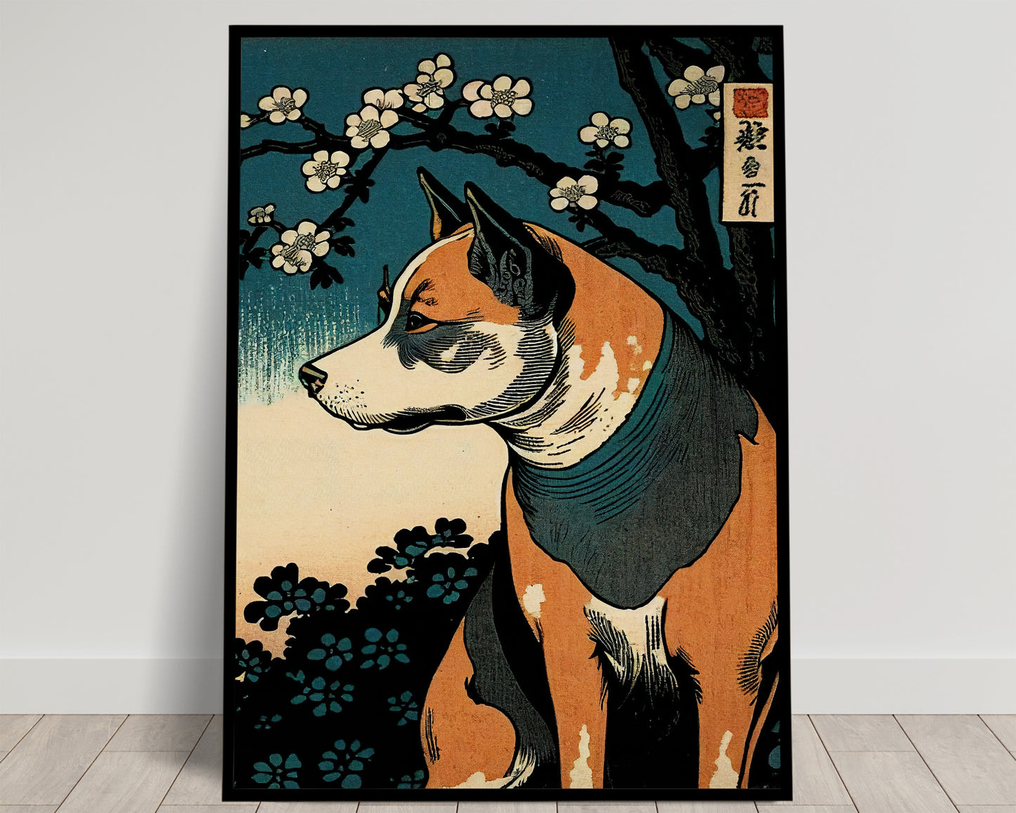 Chien roux et blanc sous des branches de cerisier en fleurs, fond bleu canard, estampe ukiyo-e, poster Balthazart Studio