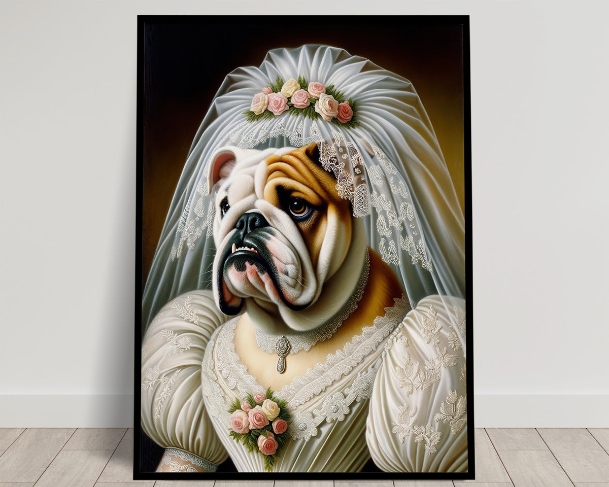 Portrait of an English Bulldog in an embroidered ivory gown, pastel roses and flowered veil, dark background, black frame