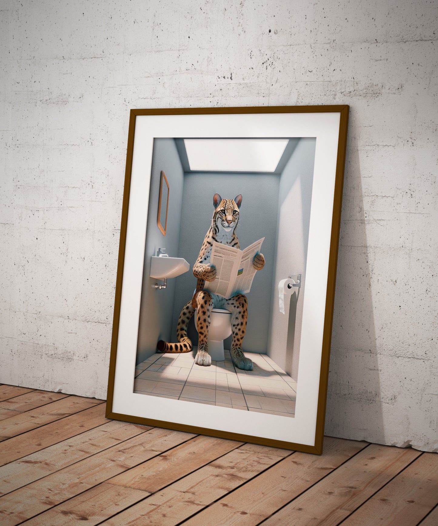 Ocelot reading the newspaper poster, dark wood frame with white mat, leaning against a whitewashed wall