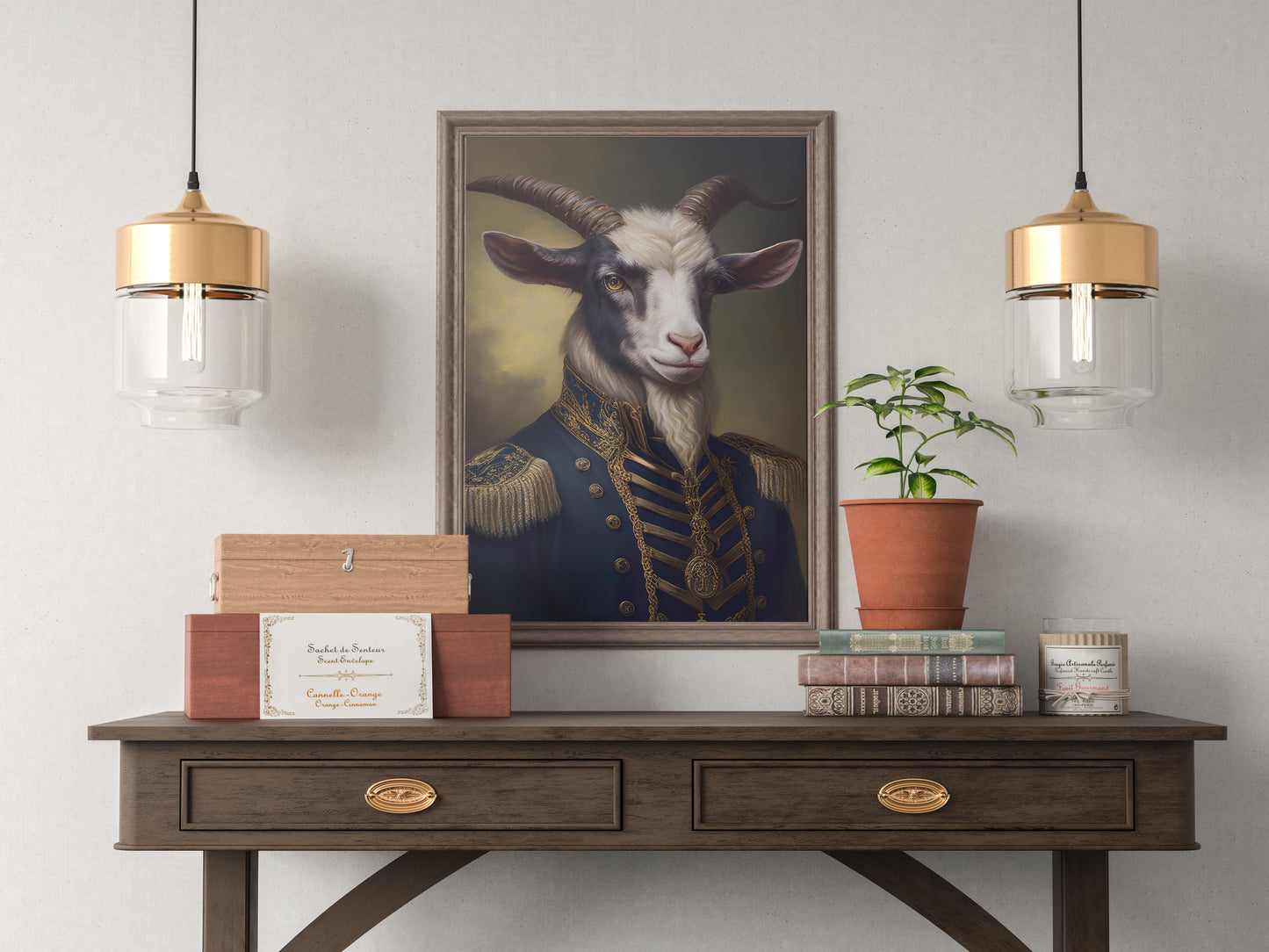 Goat in military uniform poster in a dark wood frame above a console between two brass pendant lights