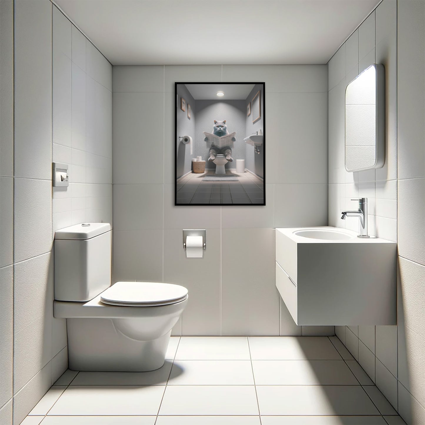 Affiche Murale Chat British Shorthair Lisant aux Toilettes, Déco Humour Salle de Bain & WC, Idée Cadeau Amusante