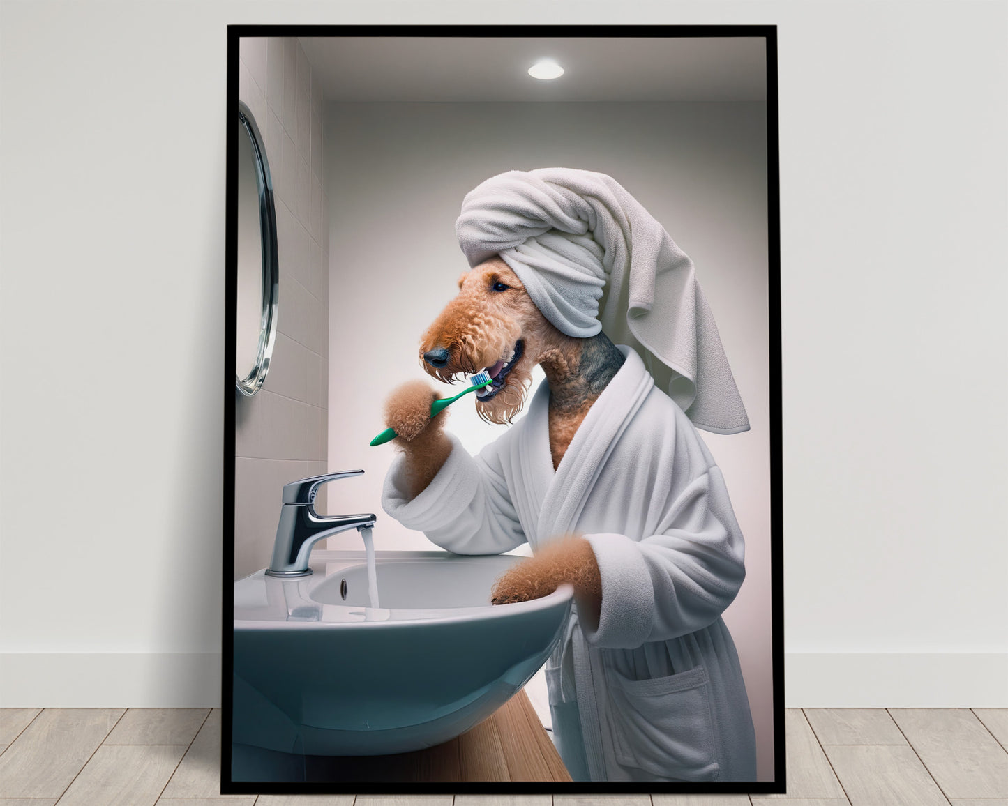 Airedale Terrier en peignoir et serviette sur la tête se brossant les dents penché sur le lavabo, poster Balthazart Studio