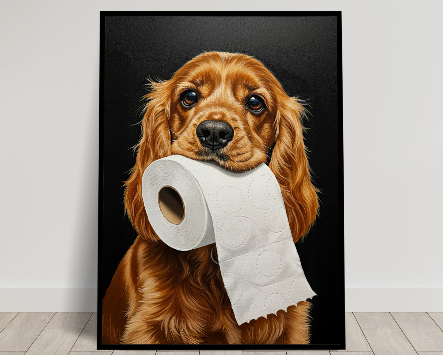 Cocker anglais roux tenant un rouleau de papier toilette dans la gueule sur fond noir, poster Balthazart Studio
