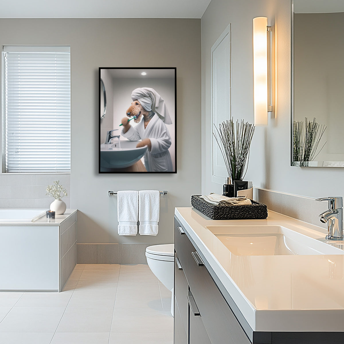 Poster Airedale Terrier se brossant les dents, cadre noir au-dessus de serviettes blanches, salle de bain claire