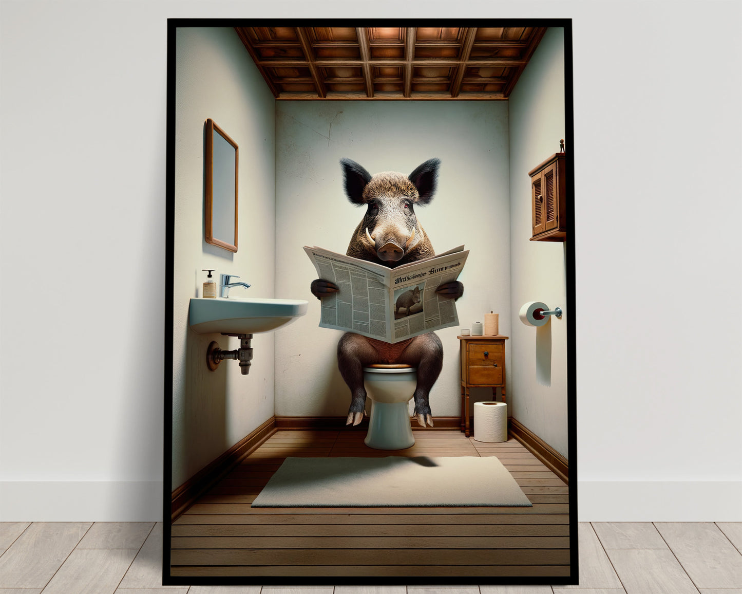 Wild boar reading the newspaper on the toilet in a rustic restroom with a wooden beamed ceiling, humor poster