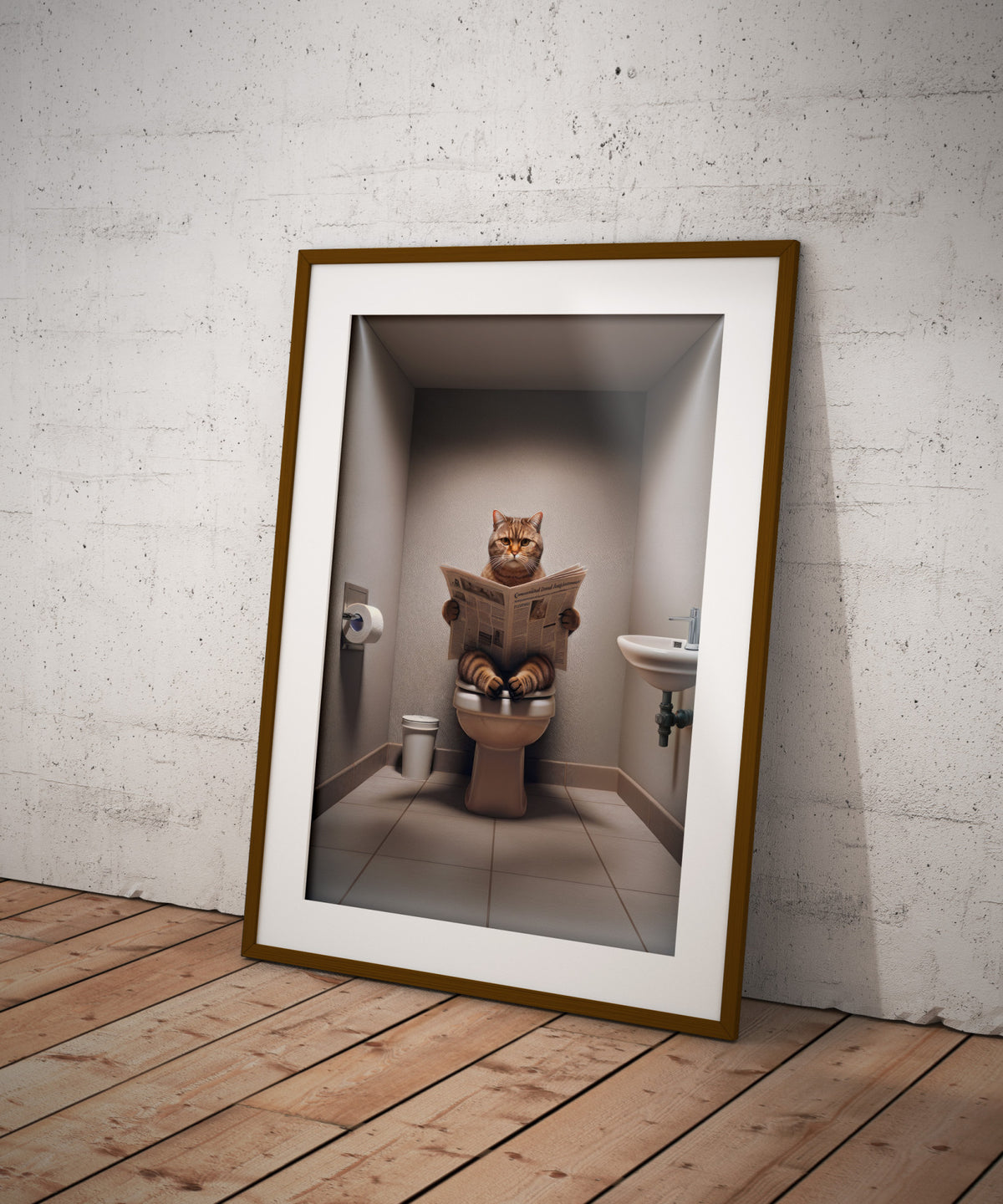 Affiche chat British Shorthair brun tigré lisant le journal, cadre bois foncé et passe-partout, posé contre un mur en béton