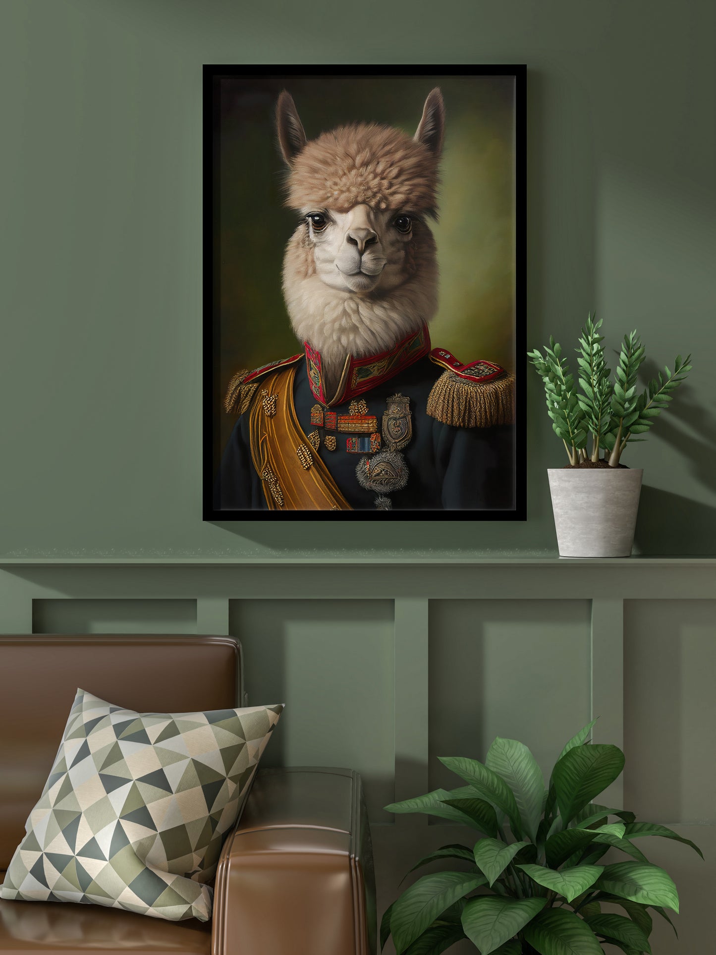 Alpaca in uniform poster in a black frame on a green paneled wall above a leather sofa