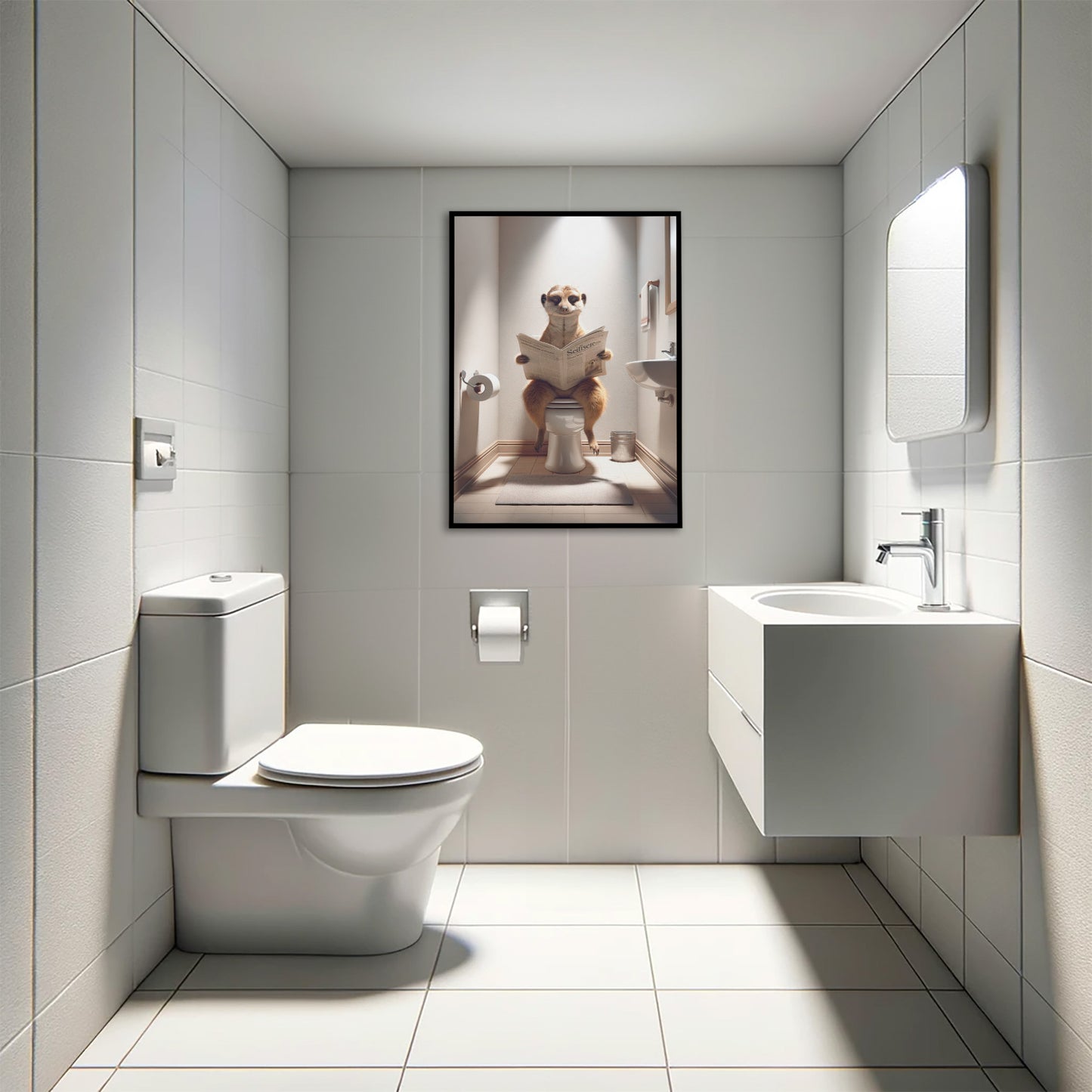 Poster Humoristique Suricate aux WC, Décoration Murale Drôle Salle de Bain, Cadre Fun Toilette, Idée Cadeau Originale