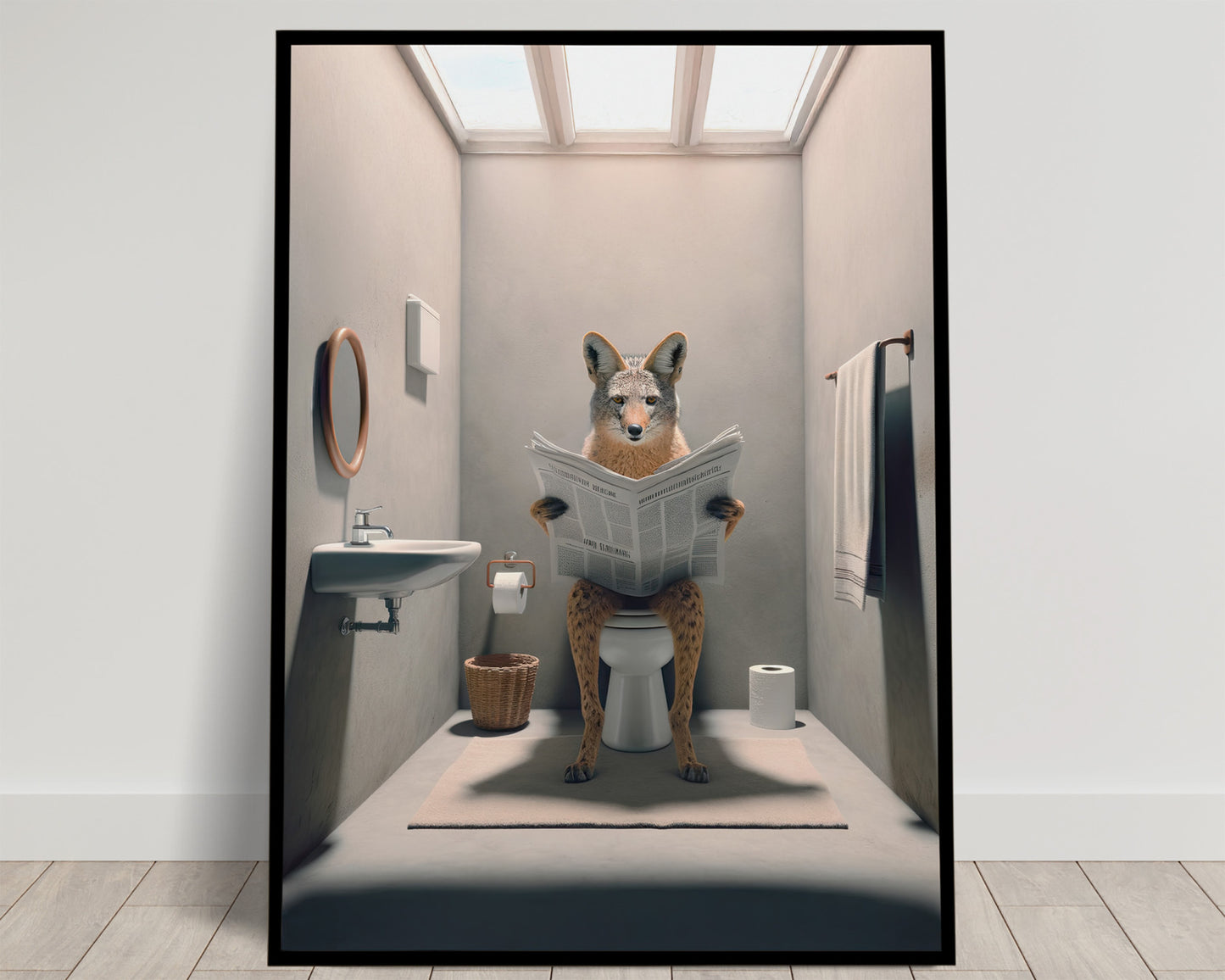 Jackal reading the newspaper on the toilet, gray beige restroom with skylights and round mirror, humor poster