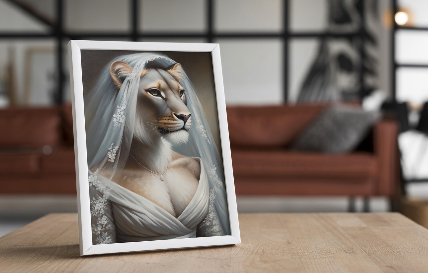 Poster lionne en robe de mariée, cadre blanc posé sur une table en bois devant un salon flou