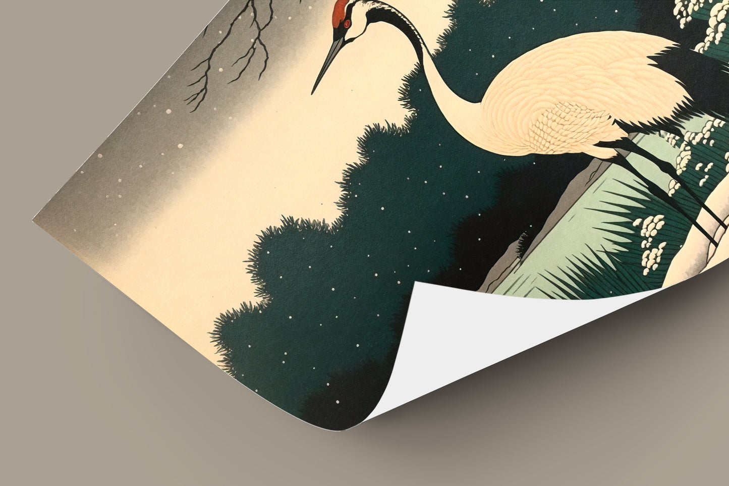 Japanese Crane Poster in Snowy Winter Landscape – Lake, Forest & Japanese Art Style – Asian Wall Decor