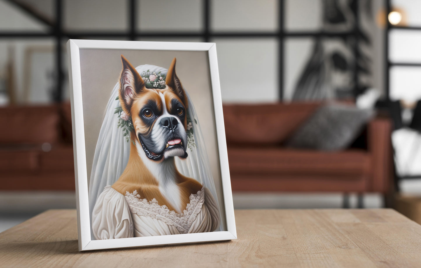 Poster boxer en robe de mariée, cadre blanc posé sur une table en bois devant un salon flou