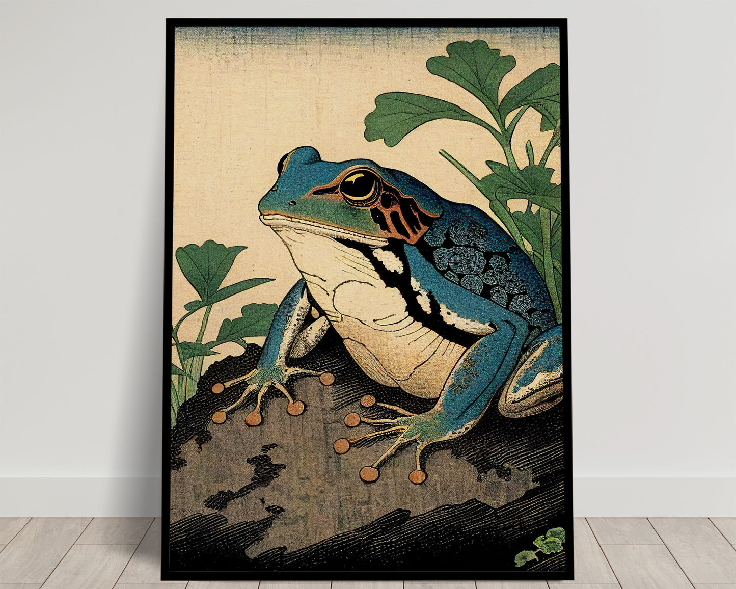 Grenouille bleue sur un rocher parmi des feuilles vertes, style estampe japonaise sur fond crème, poster Balthazart Studio