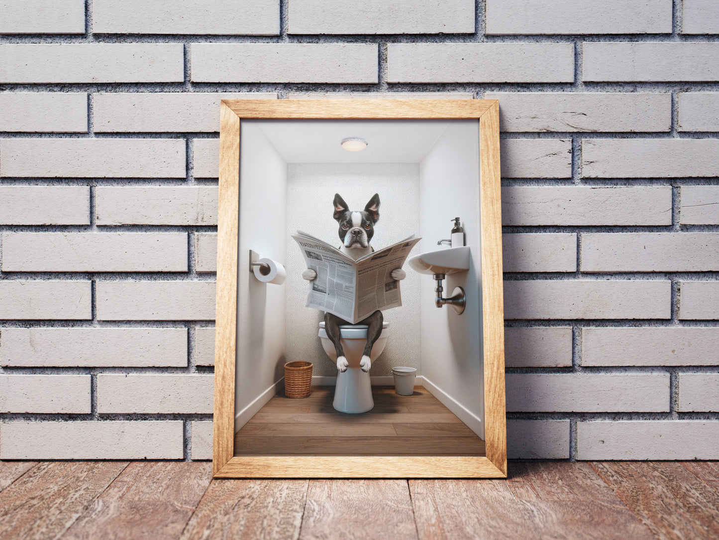 Poster Humoristique Boston Terrier, Déco WC, Cadre Salle de Bain, Art Mural, Cadeau Original Toilettes