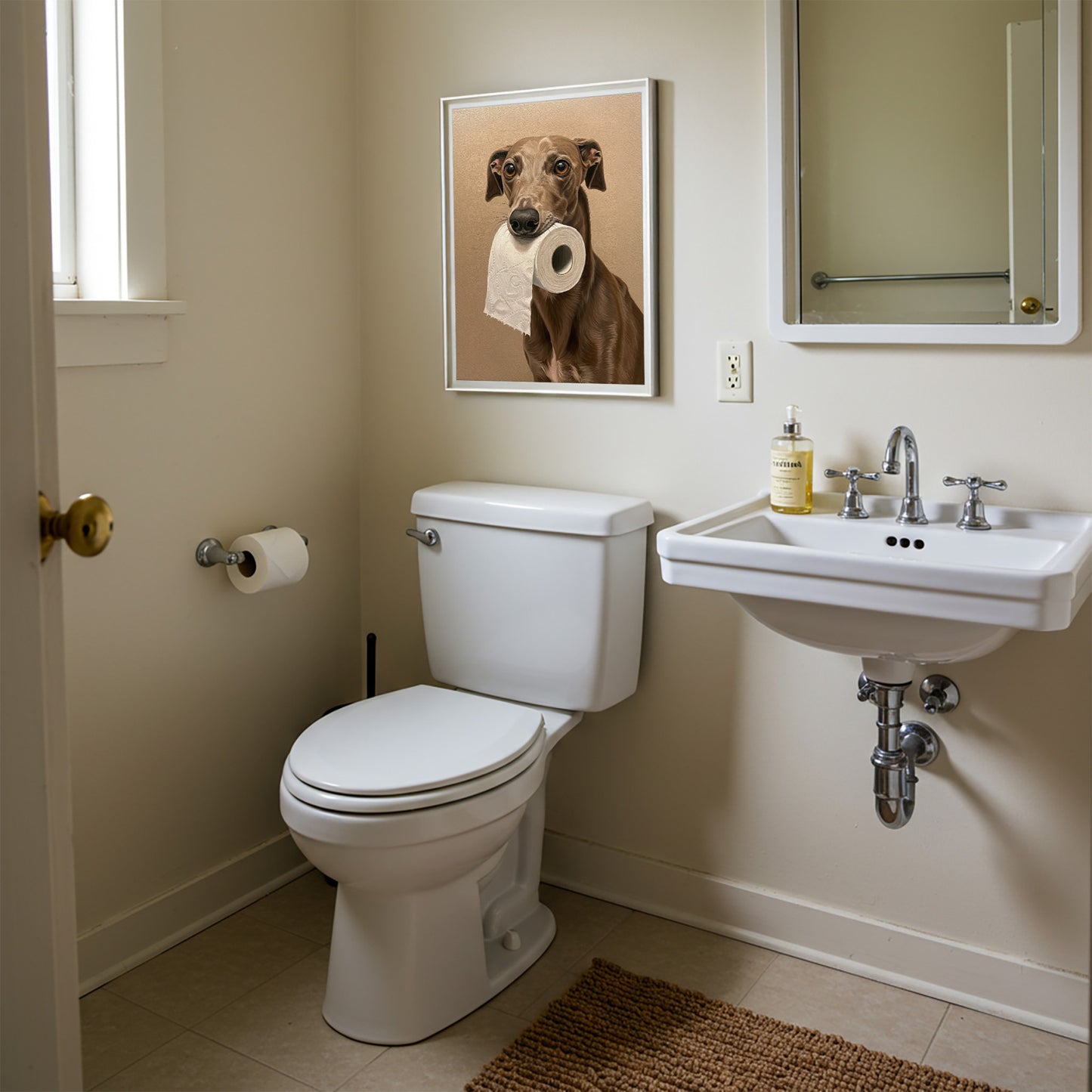 Poster lévrier au papier toilette en cadre blanc près du miroir, toilettes beiges avec lavabo