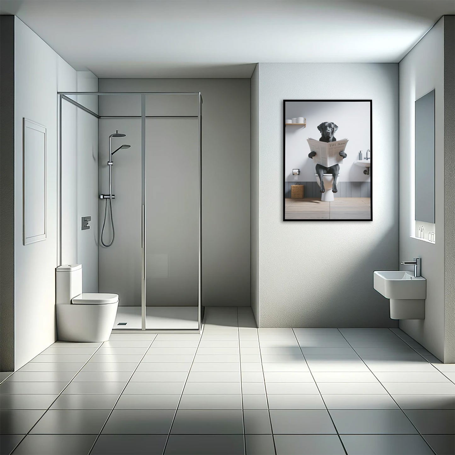 Poster labrador noir lisant le journal en cadre noir dans une salle de bain avec douche à l'italienne