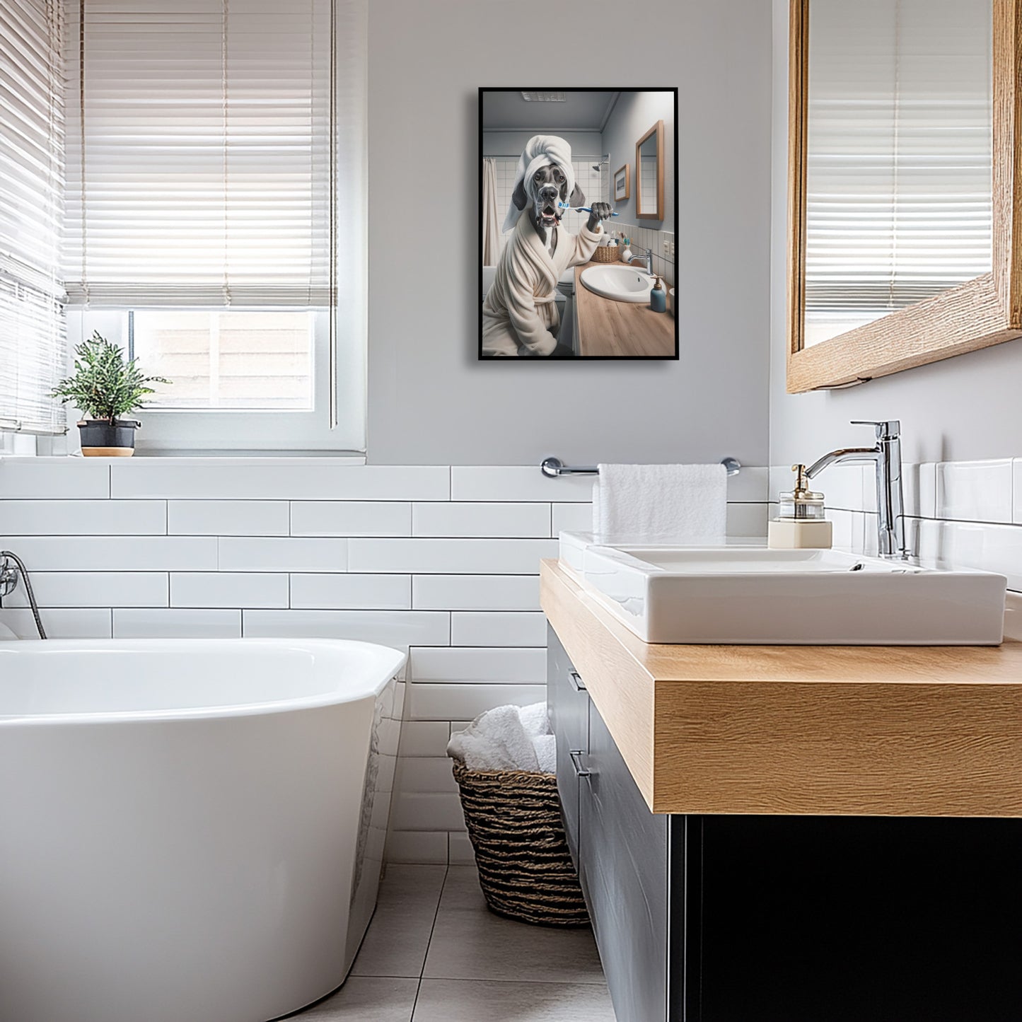 Great Dane in a bathrobe poster in a black frame above a freestanding bathtub, white subway tiles