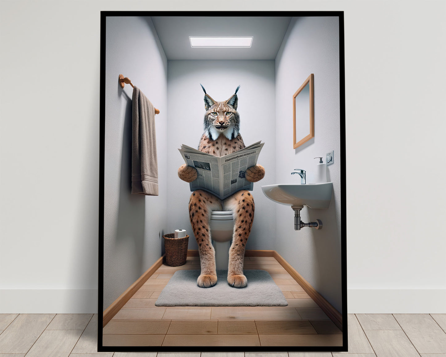 Poster Humour Lynx Lisant Journal aux Toilettes, Décoration Amusante Salle de Bain, Cadre WC, Idée Cadeau Rigolo