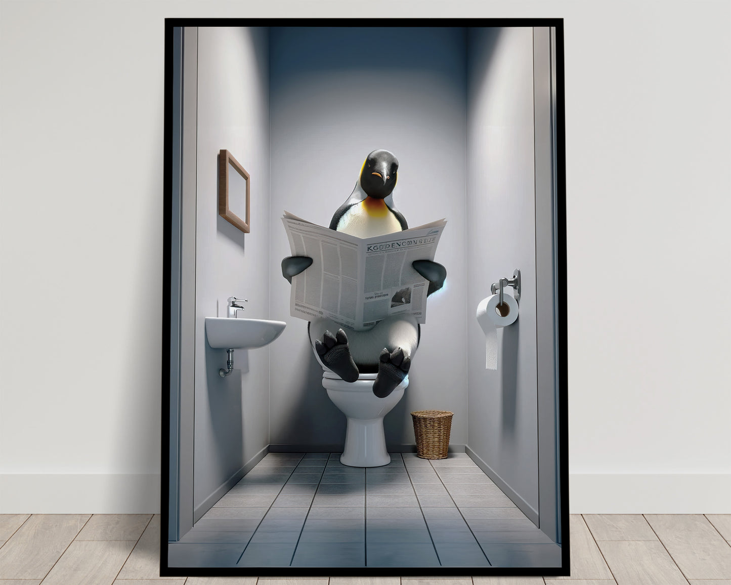 Poster Manchot empereur lisant le journal, Décor humour WC, Cadre déco Salle de bain, Poster Toilettes, Cadeau original