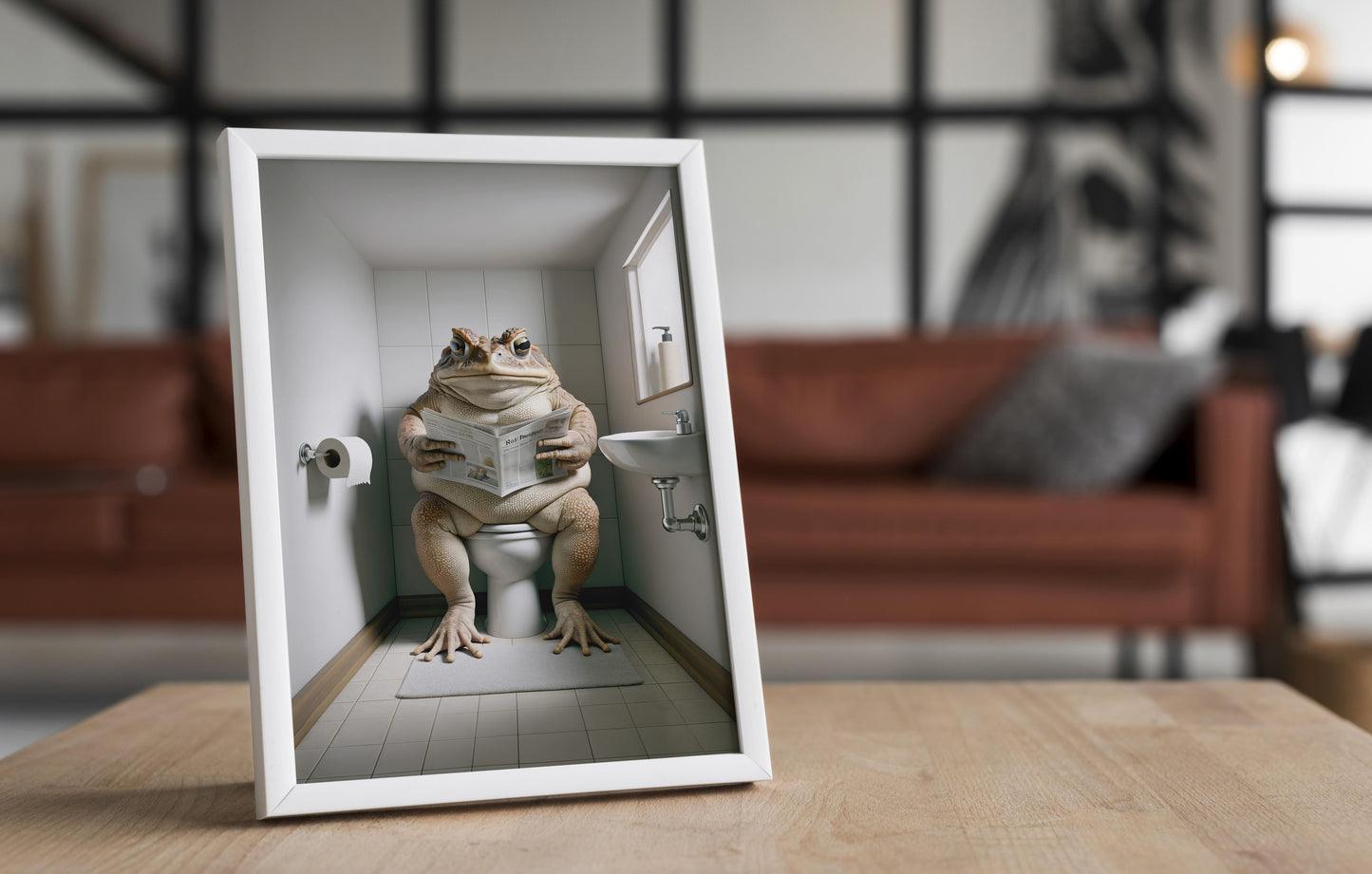 Poster Crapaud lisant le journal, Décoration Humoristique WC, Cadre Salle de bain, Art Mural, Cadeau Original Toilette