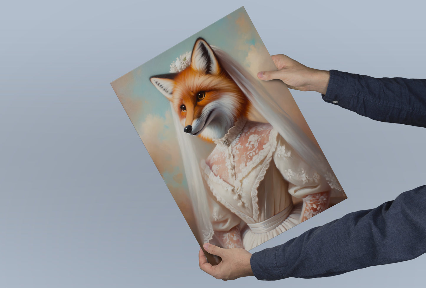 Fox bride poster held in both hands against a blue-gray background