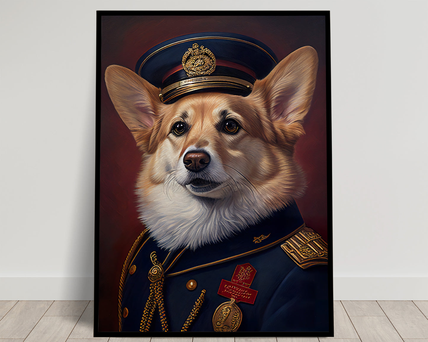 Portrait d'un corgi en casquette d'officier et uniforme bleu marine à boutons dorés, fond bordeaux, poster Balthazart Studio