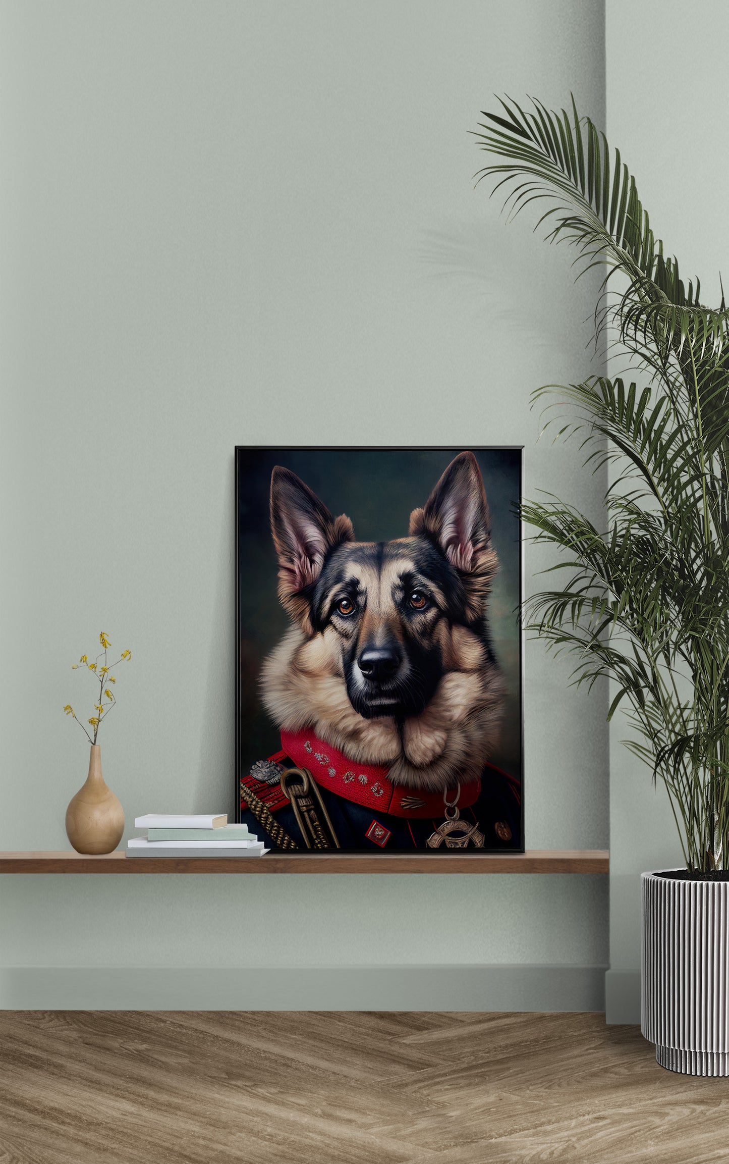 German Shepherd uniform poster on a wall shelf with a sage green wall and a palm