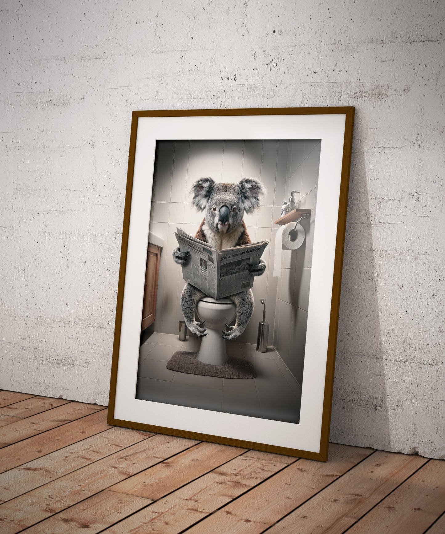 Poster of a koala reading the newspaper, dark wood frame with white mat, leaning on a wood floor