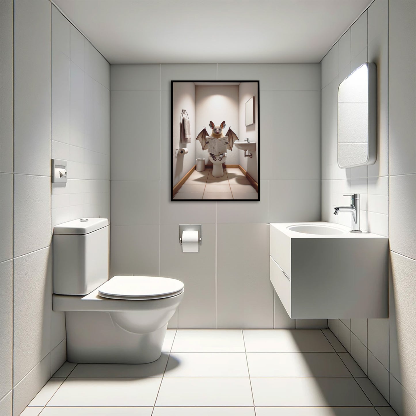 Affiche Humour Chauve-Souris lisant le Journal aux Toilettes, Déco Salle de Bain, Poster Drôle Cadeau Original