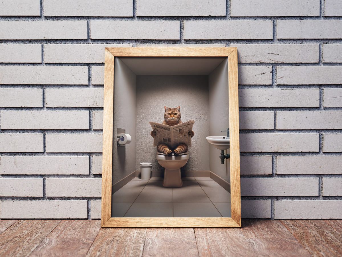 Affiche chat British Shorthair brun tigré lisant le journal, cadre bois clair posé contre un mur de briques blanches