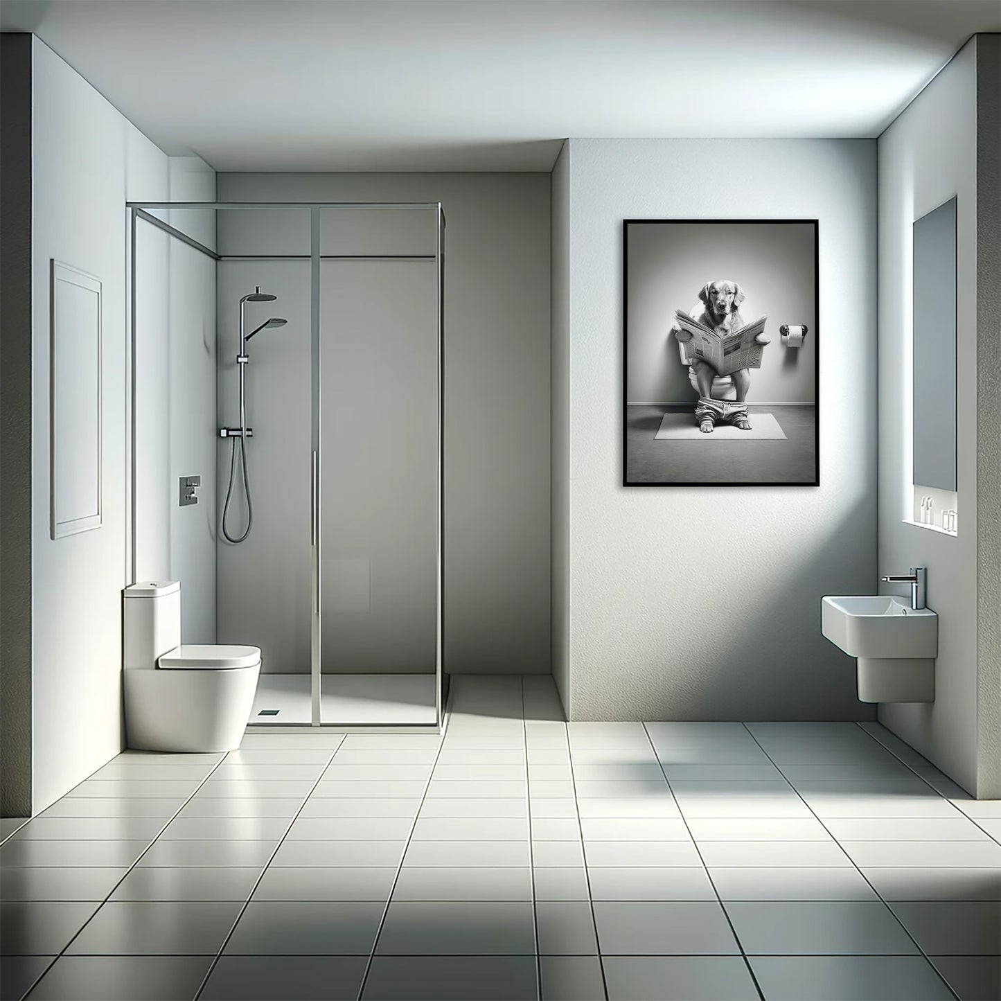 Poster golden retriever lisant le journal en cadre noir dans une salle de bain avec douche à l'italienne