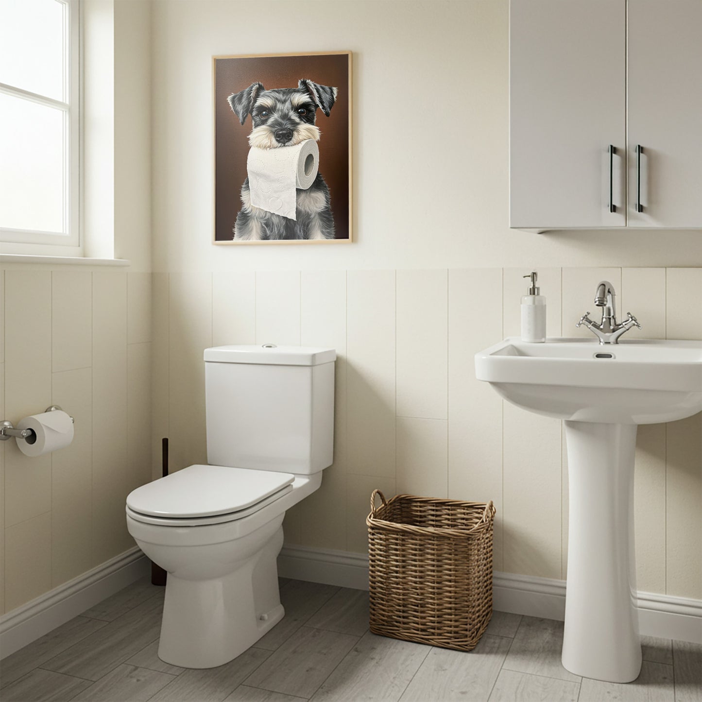 Toilettes à lambris blanc, poster schnauzer nain au papier toilette en cadre bois clair au-dessus de la cuvette