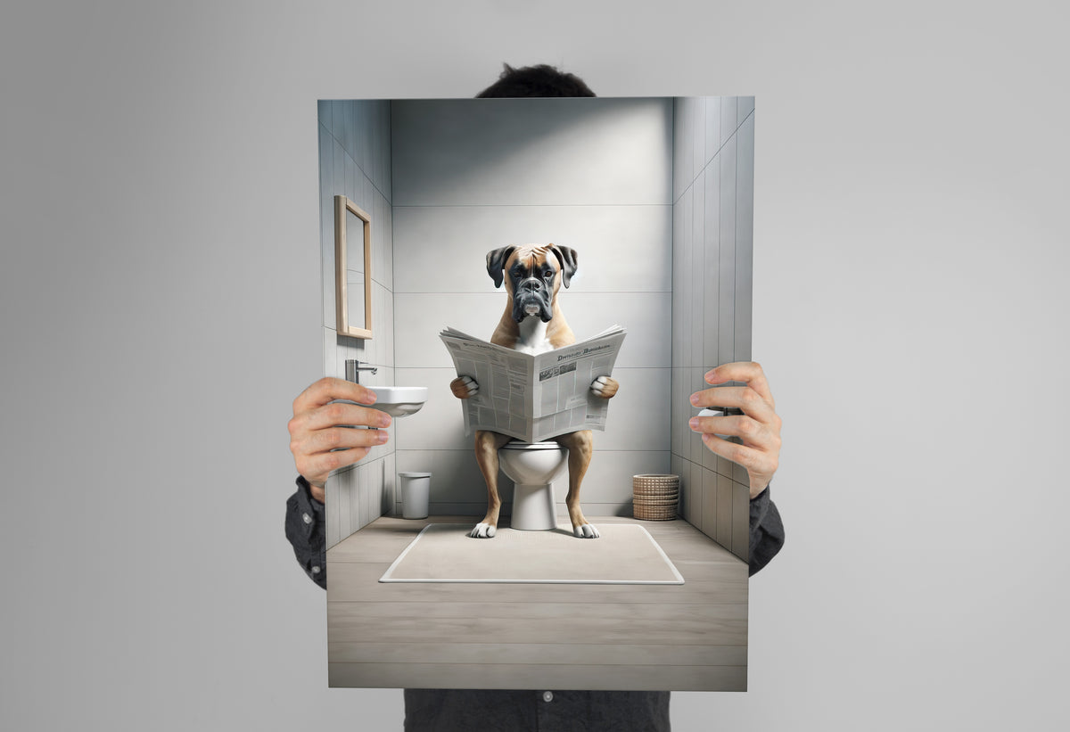 Poster boxer lisant le journal aux toilettes tenu à deux mains devant un mur gris