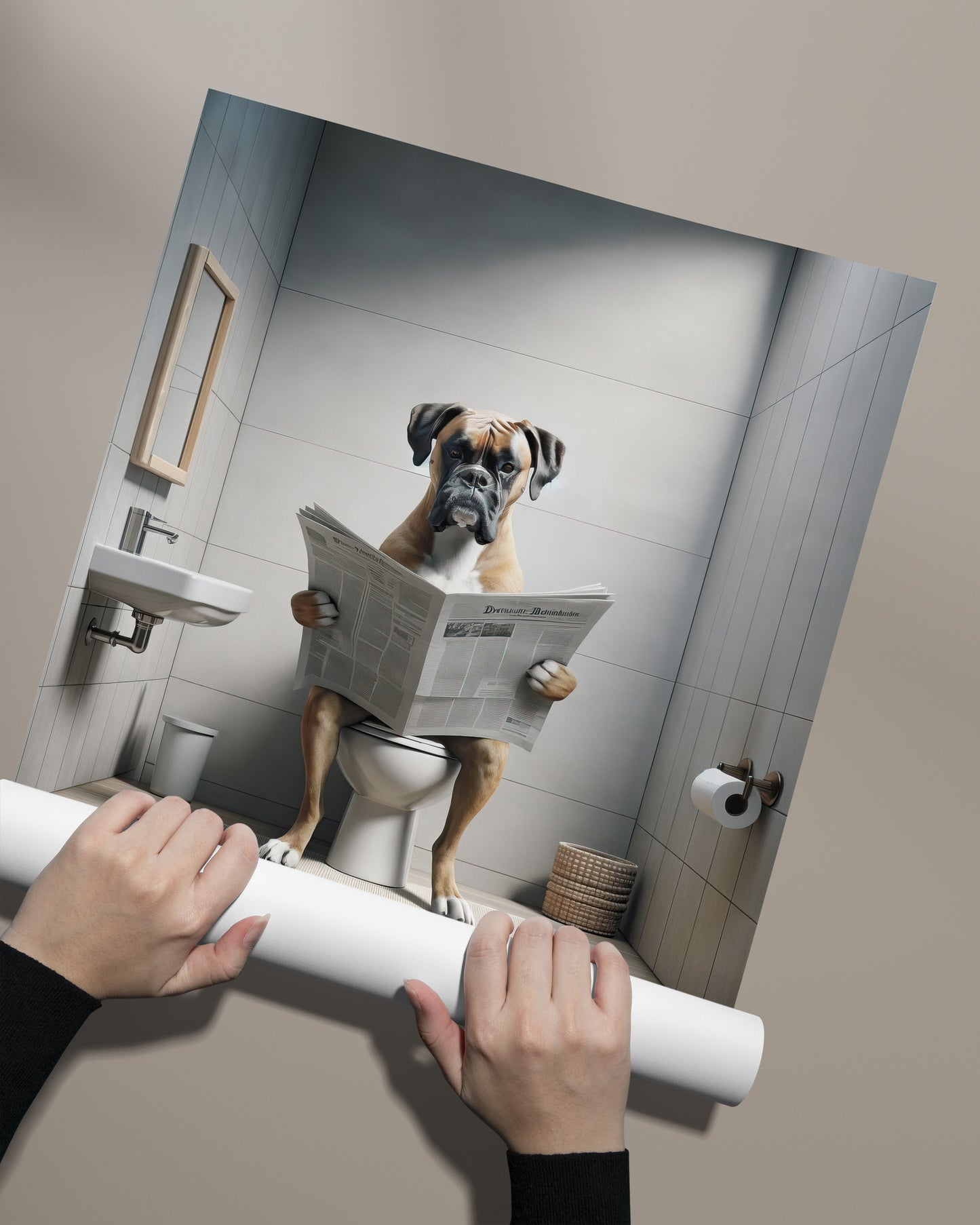 Poster boxer lisant le journal aux toilettes déroulé à la main sur fond taupe
