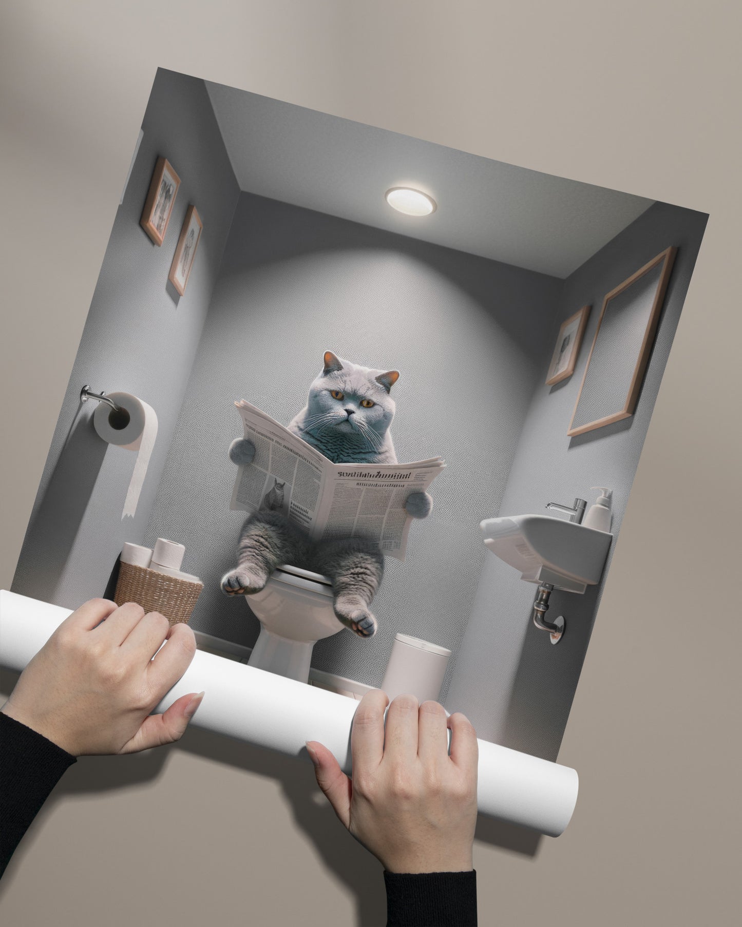 Affiche Murale Chat British Shorthair Lisant aux Toilettes, Déco Humour Salle de Bain & WC, Idée Cadeau Amusante