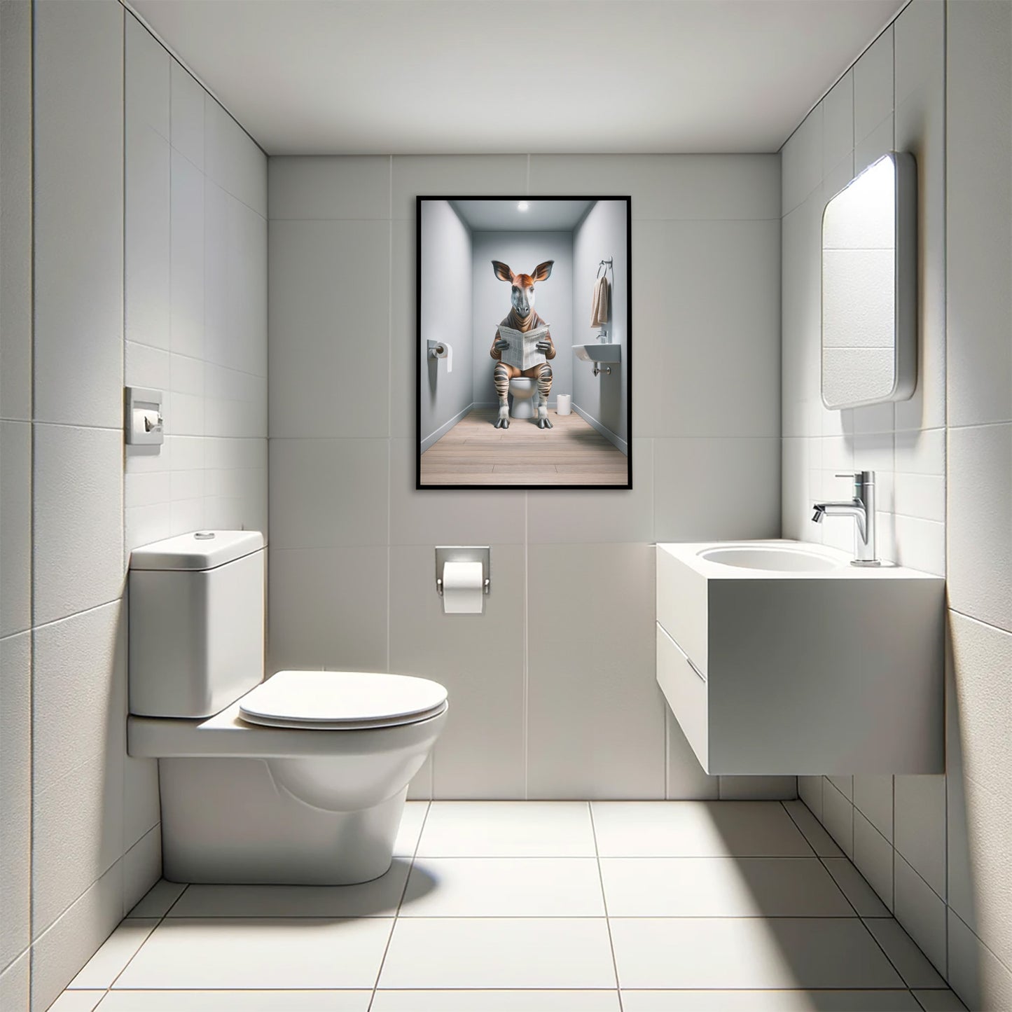 Poster okapi lisant le journal en cadre noir au-dessus de WC suspendus, toilettes carrelées grises