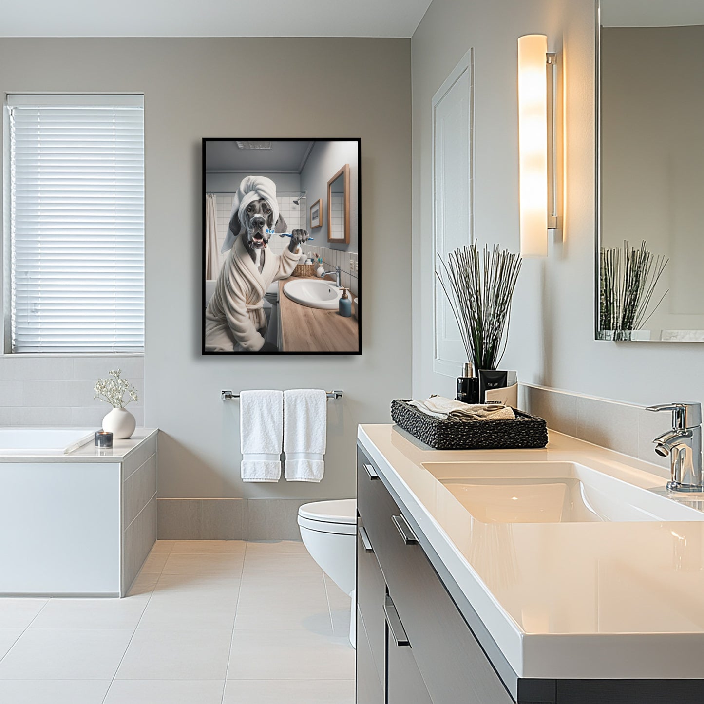 Great Dane brushing its teeth poster, black frame above white towels in a bright bathroom