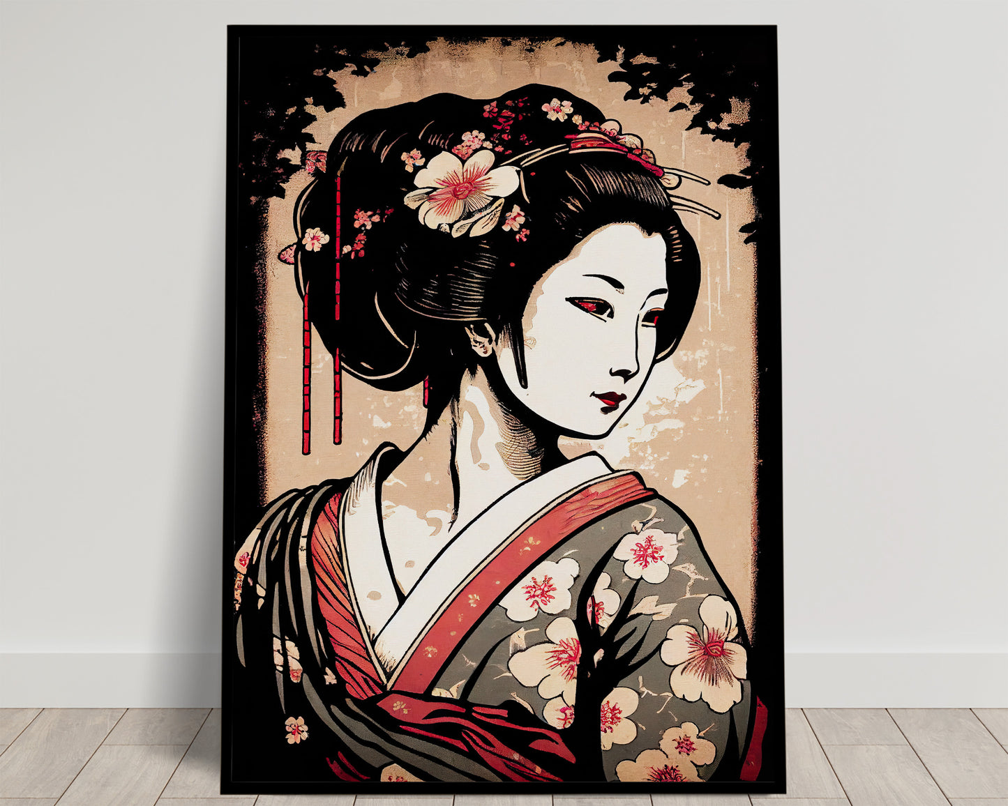 Portrait d'une geisha au kimono gris à fleurs roses et col rouge, fond crème et noir, poster Balthazart Studio