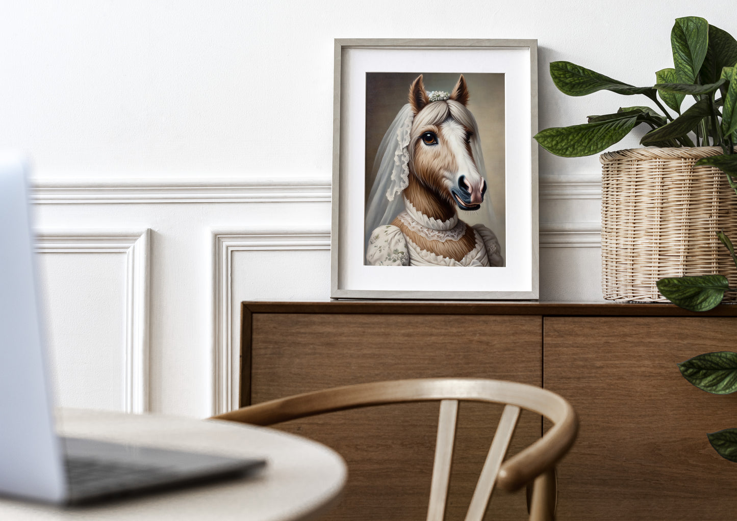 Mare bride poster in a natural wood frame with mat on a wooden sideboard near a plant