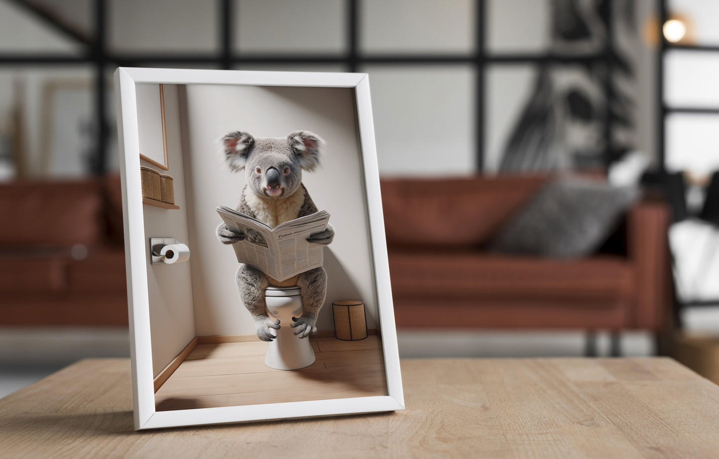 Poster Koala lisant le journal, Décoration Humoristique WC, Cadre déco Salle de bain, Idée Cadeau Fun