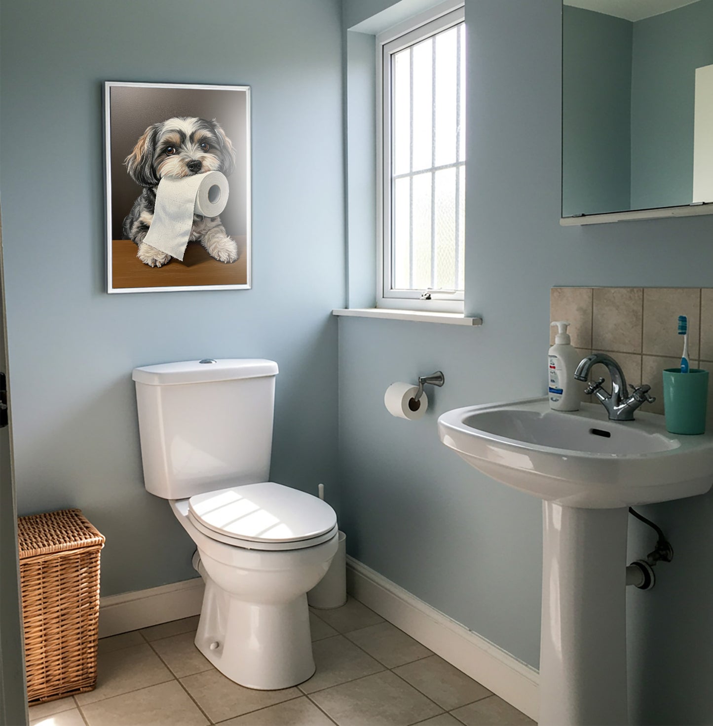 Poster bichon havanais au papier toilette en cadre blanc sur un mur bleu clair, près d'une fenêtre